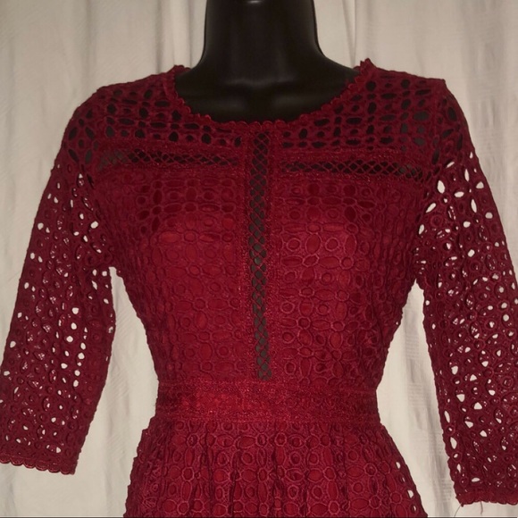 New Burgundy Lace and Crochet Skater Dress, Size S - Picture 4 of 5